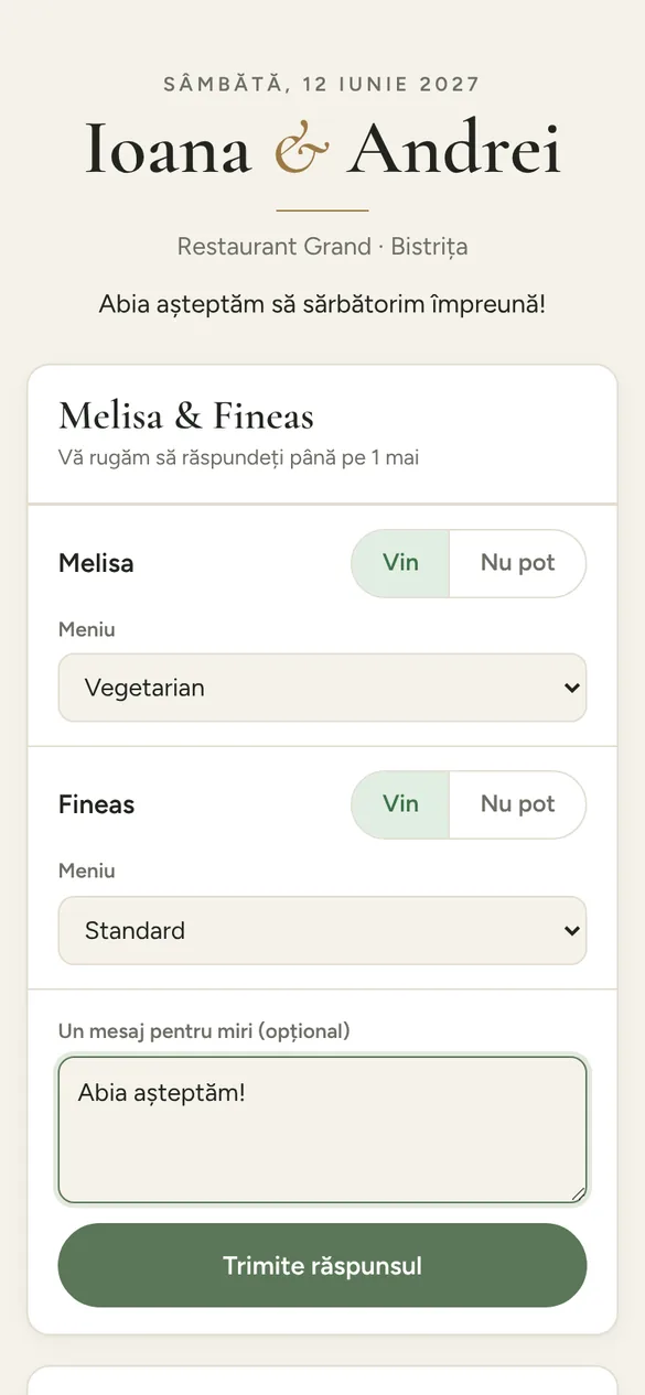 Pagina de confirmare deschisă de invitat pe telefon